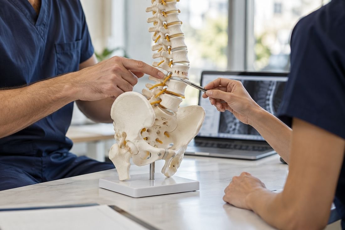 Professionnels échangeant autour d'un modèle anatomique de rachis